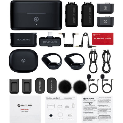 Hollyland LAIN MAX 2 Studio Bundle kit laid out on a white background, including a black wireless recorder and cases, audio adapters, earpieces, cables, microfoils, batteries, a red welcome card, and printed accessories.