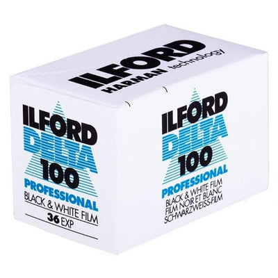 Ilford Delta 100 Professional 35mm Black and White Film roll with 36 exposures for fine-grain, high-quality monochrome photography.