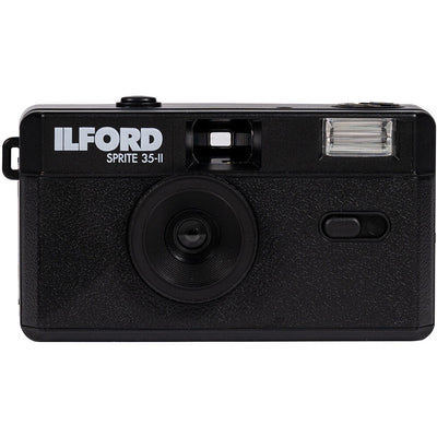 Ilford Sprite 35-II Film Camera in Black with retro design, fixed-focus 31mm lens, built-in flash, and 35mm film compatibility.