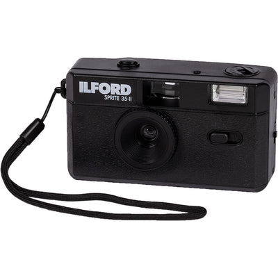 Ilford Sprite 35-II Film Camera in Black with retro design, fixed-focus 31mm lens, built-in flash, and 35mm film compatibility.