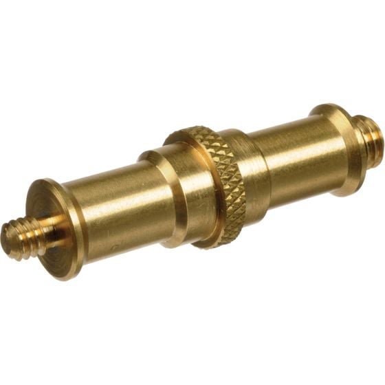Impact double-ended spigot with 5/8 inch stud on one end and 1/4 inch-20 male threaded stud on the other, made of solid brass, 3.3 inches long, for mounting camera and lighting accessories