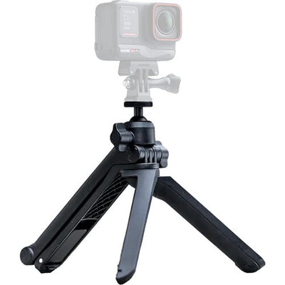 Insta360 3-in-1 Multi-Mount combines tripod, selfie stick, and magic arm in one compact design with a 3-way folding structure, adjustable length from 21 to 51 cm, fully rotatable 360° ball joint for precise camera positioning, and unique Mantis Mode for hanging the camera for creative vantage points.