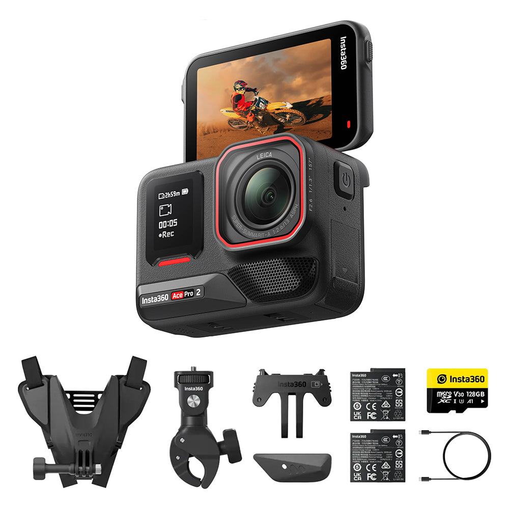 Insta360 Ace Pro 2 Action Camera Motorcycle Bundle with flip touchscreen, Leica wide-angle lens, dual AI chips, and rugged accessories for adventure filming.