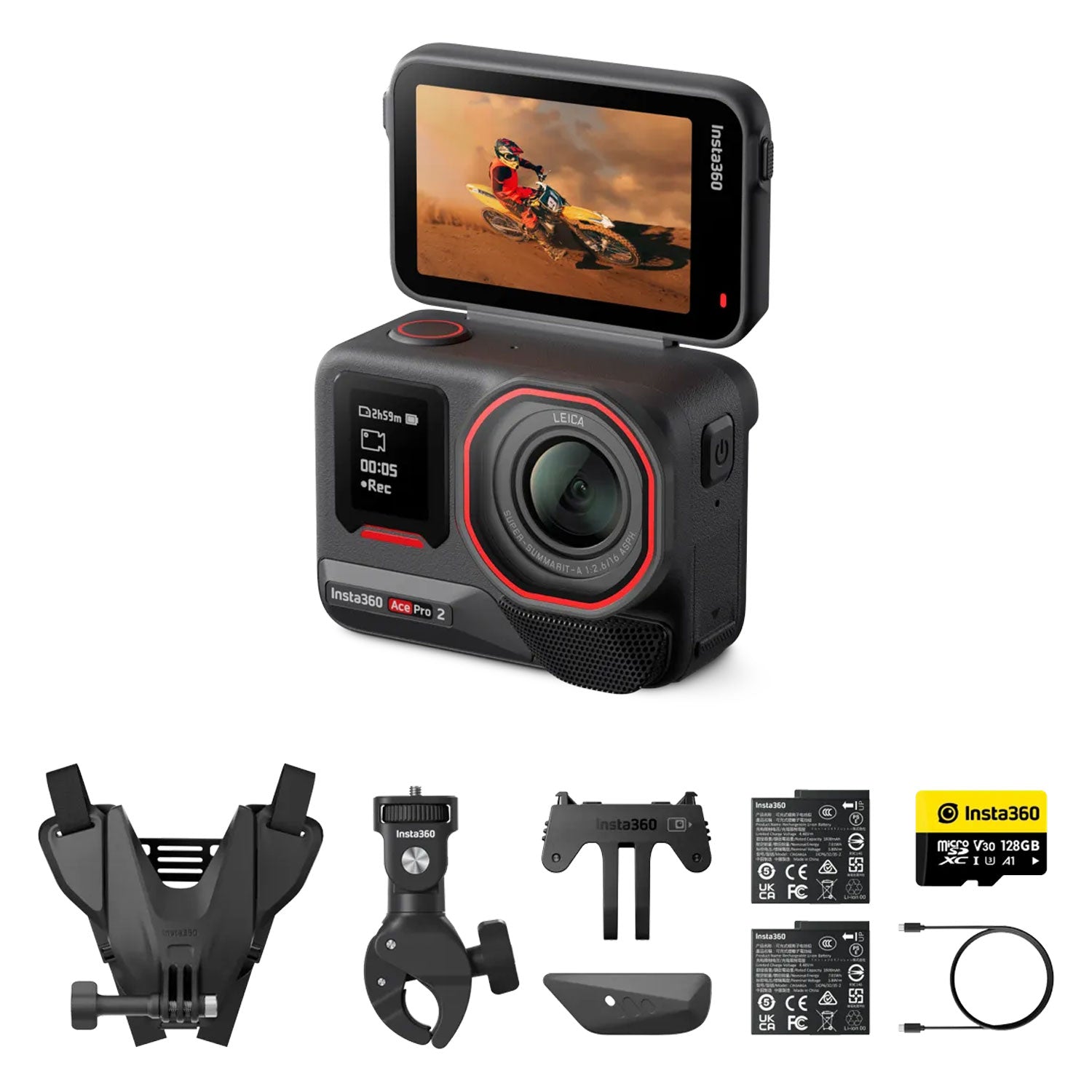 Insta360 Ace Pro 2 Action Camera Motorcycle Bundle with flip touchscreen, Leica wide-angle lens, dual AI chips, and rugged accessories for adventure filming.