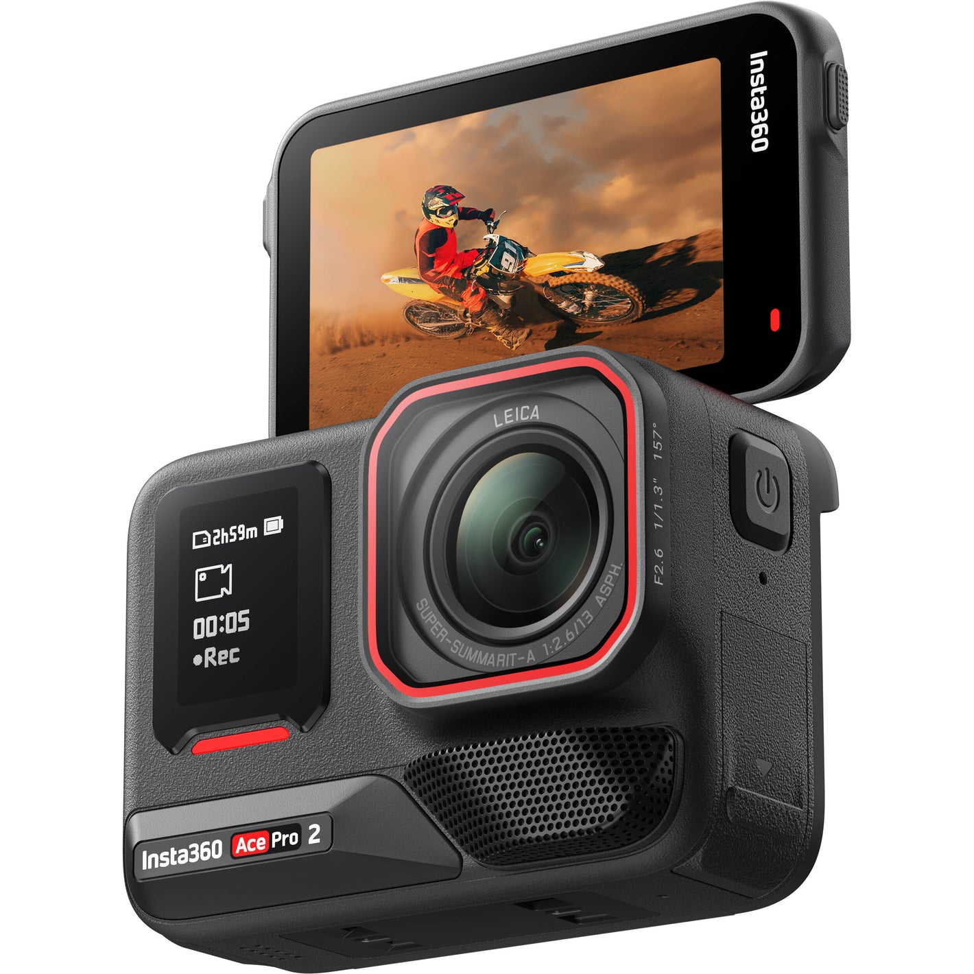 Insta360 Ace Pro 2 Action Camera Motorcycle Bundle with flip touchscreen, Leica wide-angle lens, dual AI chips, and rugged accessories for adventure filming.