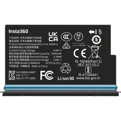 Insta360 Battery X5 with 2400mAh capacity delivering up to 135 minutes of continuous 5.7K30fps recording, high performance in low temperatures down to -20°C, includes protective storage case with dual SD card slots.