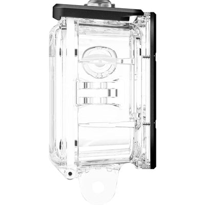 Clear dive case with black top on a white background