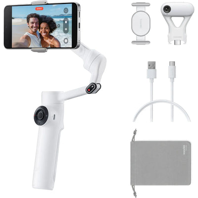 Insta360 Flow 2 AI Tracker Bundle in Summit White with 3-axis gimbal stabilization, Deep Track 4.0 AI subject tracking, built-in adjustable spotlight with nine lighting effects, magnetic phone clamp, USB-C charging cable, protective pouch, and up to 10 hours battery life for smooth and creative smartphone filming.