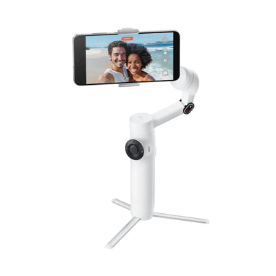 Insta360 Flow 2 AI Tracker Bundle in Summit White with 3-axis gimbal stabilization, Deep Track 4.0 AI subject tracking, built-in adjustable spotlight with nine lighting effects, magnetic phone clamp, USB-C charging cable, protective pouch, and up to 10 hours battery life for smooth and creative smartphone filming.
