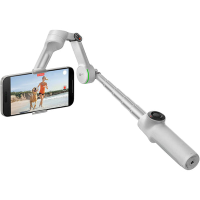 Insta360 Flow 2 Pro Gimbal in Gray with 3-axis stabilization, Deep Track 4.0 AI tracking with multi-subject and active zoom features, built-in extendable selfie stick and tripod, Apple DockKit integration for native iOS tracking, up to 10 hours runtime, smartphone and Apple Watch remote control, and USB-C charging.