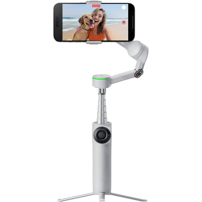 Insta360 Flow 2 Pro Gimbal in Gray with 3-axis stabilization, Deep Track 4.0 AI tracking with multi-subject and active zoom features, built-in extendable selfie stick and tripod, Apple DockKit integration for native iOS tracking, up to 10 hours runtime, smartphone and Apple Watch remote control, and USB-C charging.