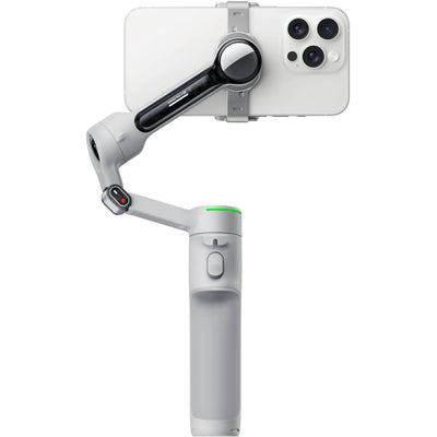 Insta360 Flow 2 Pro Gimbal in Gray with 3-axis stabilization, Deep Track 4.0 AI tracking with multi-subject and active zoom features, built-in extendable selfie stick and tripod, Apple DockKit integration for native iOS tracking, up to 10 hours runtime, smartphone and Apple Watch remote control, and USB-C charging.