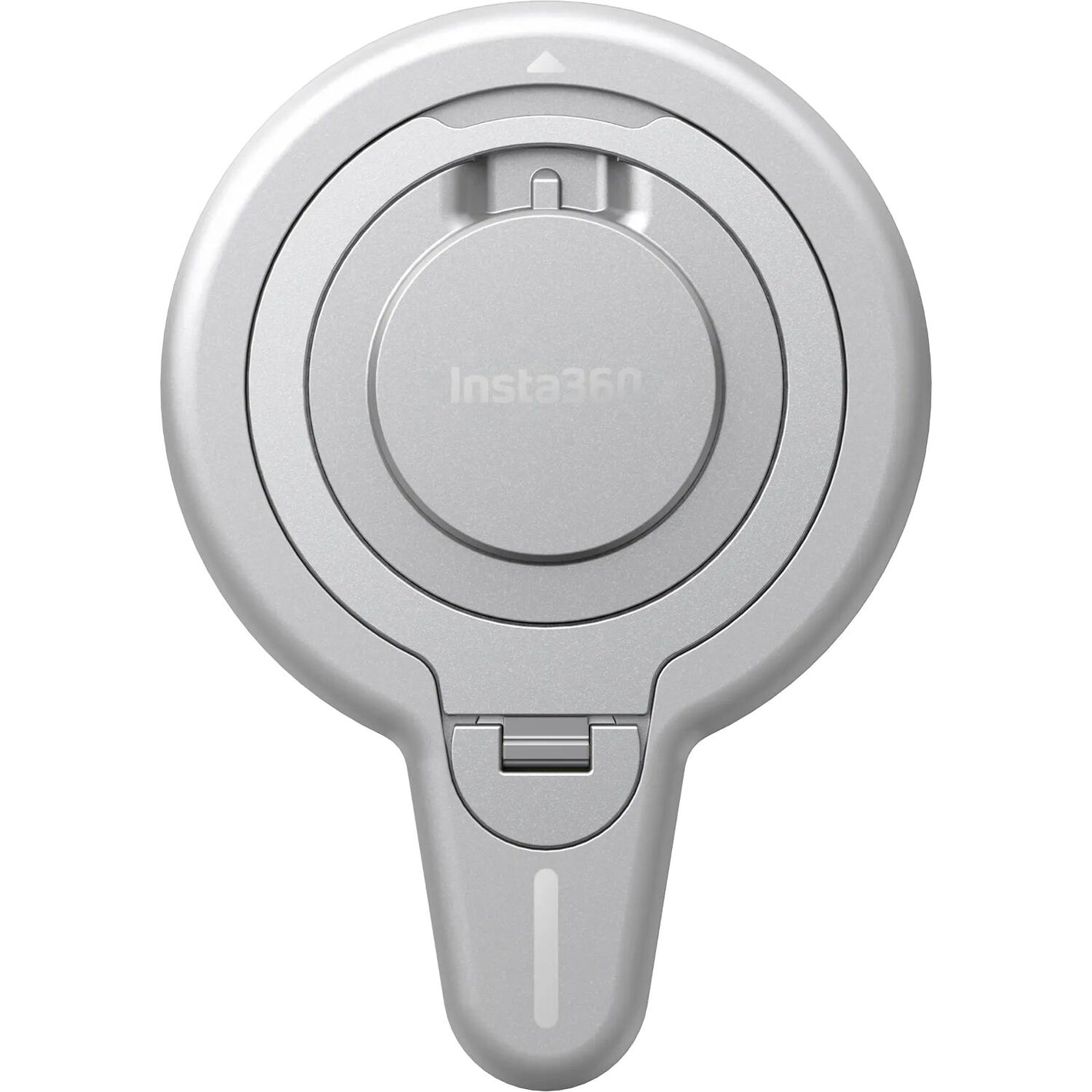 Insta360 Flow 2 Pro Magnetic Phone Mount with strong N52-grade magnets designed to securely hold MagSafe-compatible iPhone 12 or later models, featuring a 360° rotatable metal ring stand that doubles as a desktop phone stand, lightweight aluminum and silicone build, and compact 8.1 x 5.6 x 0.5 cm size.
