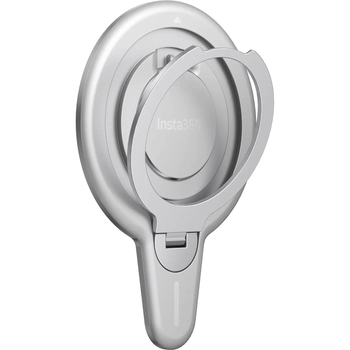 Insta360 Flow 2 Pro Magnetic Phone Mount with strong N52-grade magnets designed to securely hold MagSafe-compatible iPhone 12 or later models, featuring a 360° rotatable metal ring stand that doubles as a desktop phone stand, lightweight aluminum and silicone build, and compact 8.1 x 5.6 x 0.5 cm size.