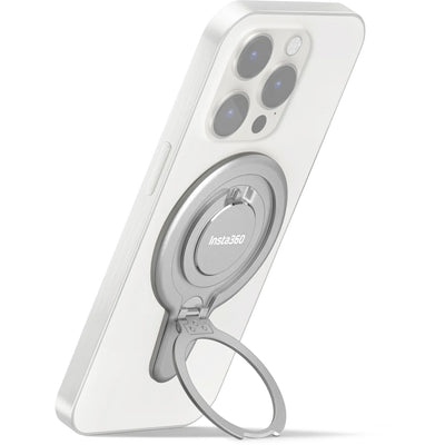 Insta360 Flow 2 Pro Magnetic Phone Mount with strong N52-grade magnets designed to securely hold MagSafe-compatible iPhone 12 or later models, featuring a 360° rotatable metal ring stand that doubles as a desktop phone stand, lightweight aluminum and silicone build, and compact 8.1 x 5.6 x 0.5 cm size.