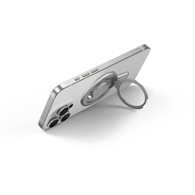 Insta360 Flow 2 Pro Magnetic Phone Mount with strong N52-grade magnets designed to securely hold MagSafe-compatible iPhone 12 or later models, featuring a 360° rotatable metal ring stand that doubles as a desktop phone stand, lightweight aluminum and silicone build, and compact 8.1 x 5.6 x 0.5 cm size.