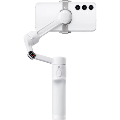 Insta360 Flow 2 Standard Bundle in White featuring 3-axis gimbal stabilization, built-in selfie stick and tripod, AI-assisted Active Zoom Tracking, group and distance tracking, gesture control, remote control via Apple Watch or second phone, 10 hours battery life, and USB-C charging