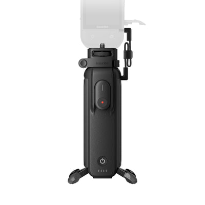 Insta360 FOMO Power Handle with built-in 6100mAh battery, foldable design, detachable mini remote, and lens protection for extended 360° camera recording.