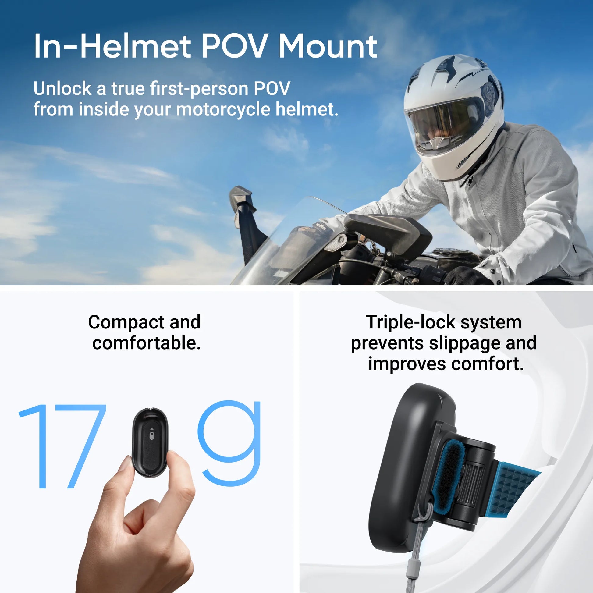 Motorcycle helmet with in-helmet POV mount, showing a rider and product details.