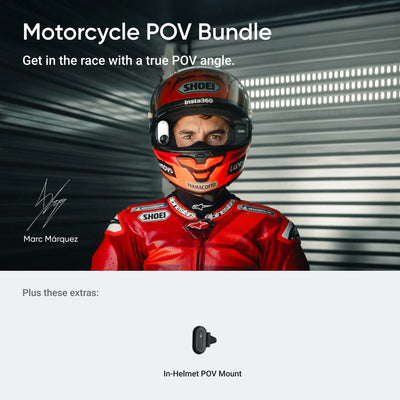 Promotional graphic for a 'Motorcycle POV Bundle' featuring a motorcycle racer in a red racing suit and a red/black Shoei helmet, with text offering an in-helmet POV mount. The top half shows the racer against a dark metallic background, and the bottom half has a light gray background with the product accessory icon.