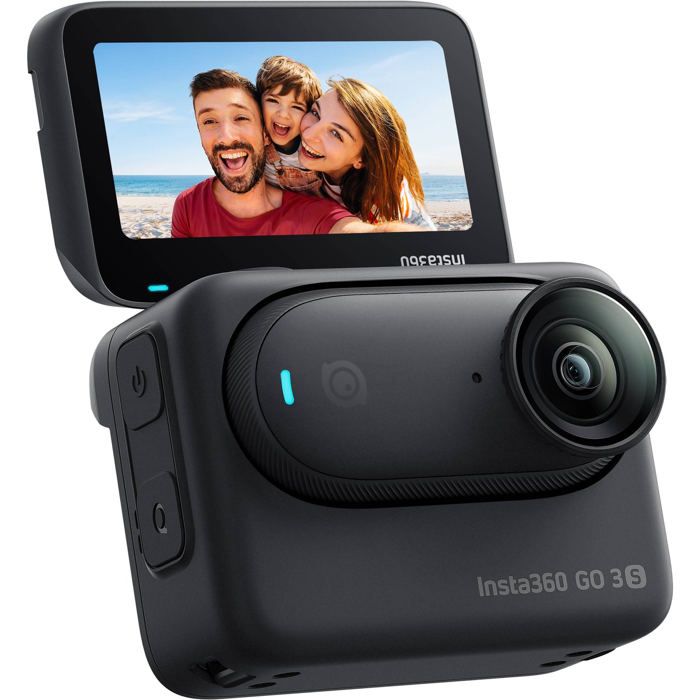 Insta360 GO 3S action camera in black, featuring a compact design with a flip-out touchscreen Action Pod, magnetic mounting system, and a wide-angle lens for 4K video recording.