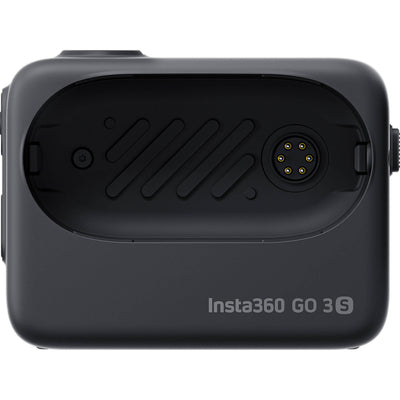 Insta360 GO 3S action camera in black, featuring a compact design with a flip-out touchscreen Action Pod, magnetic mounting system, and a wide-angle lens for 4K video recording.