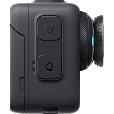 Insta360 GO 3S action camera in black, featuring a compact design with a flip-out touchscreen Action Pod, magnetic mounting system, and a wide-angle lens for 4K video recording.