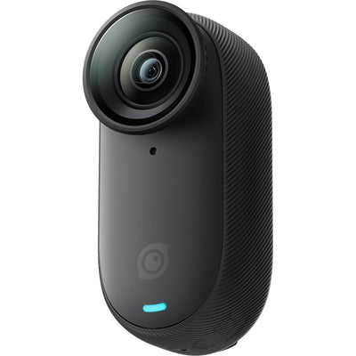 Insta360 GO 3S action camera in black, featuring a compact design with a flip-out touchscreen Action Pod, magnetic mounting system, and a wide-angle lens for 4K video recording.