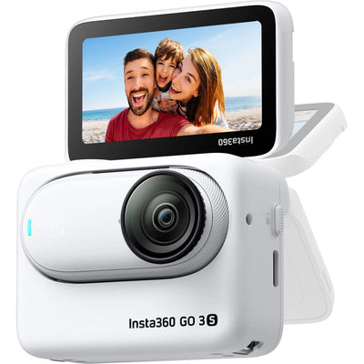 Insta360 GO 3S action camera in white with magnetic design, featuring a flip-out touchscreen Action Pod, capturing 4K video, and offering hands-free POV shooting.