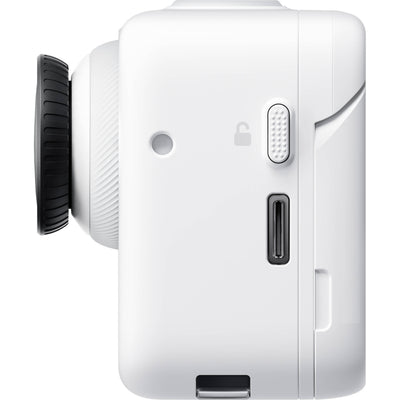Insta360 GO 3S action camera in white with magnetic design, featuring a flip-out touchscreen Action Pod, capturing 4K video, and offering hands-free POV shooting.