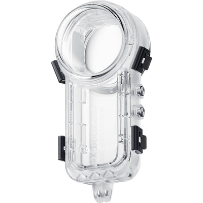 Insta360 X4 Invisible Dive Case, a transparent, waterproof housing designed for 360° underwater filming, shown with secure latches and lens dome.