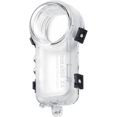 Insta360 X4 Invisible Dive Case, a transparent, waterproof housing designed for 360° underwater filming, shown with secure latches and lens dome.