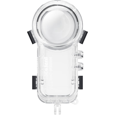 Insta360 X4 Invisible Dive Case, a transparent, waterproof housing designed for 360° underwater filming, shown with secure latches and lens dome.