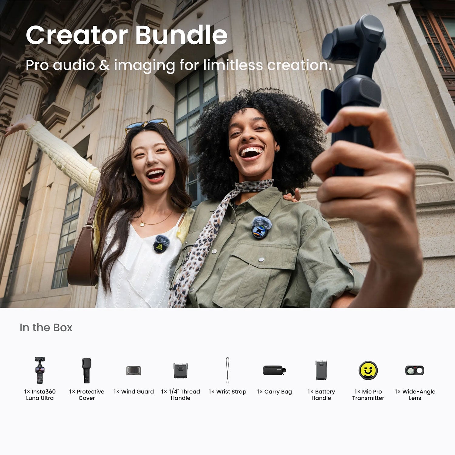 Insta360 Luna Ultra Creator Bundle 8K AI camera - featuring what's in the box 