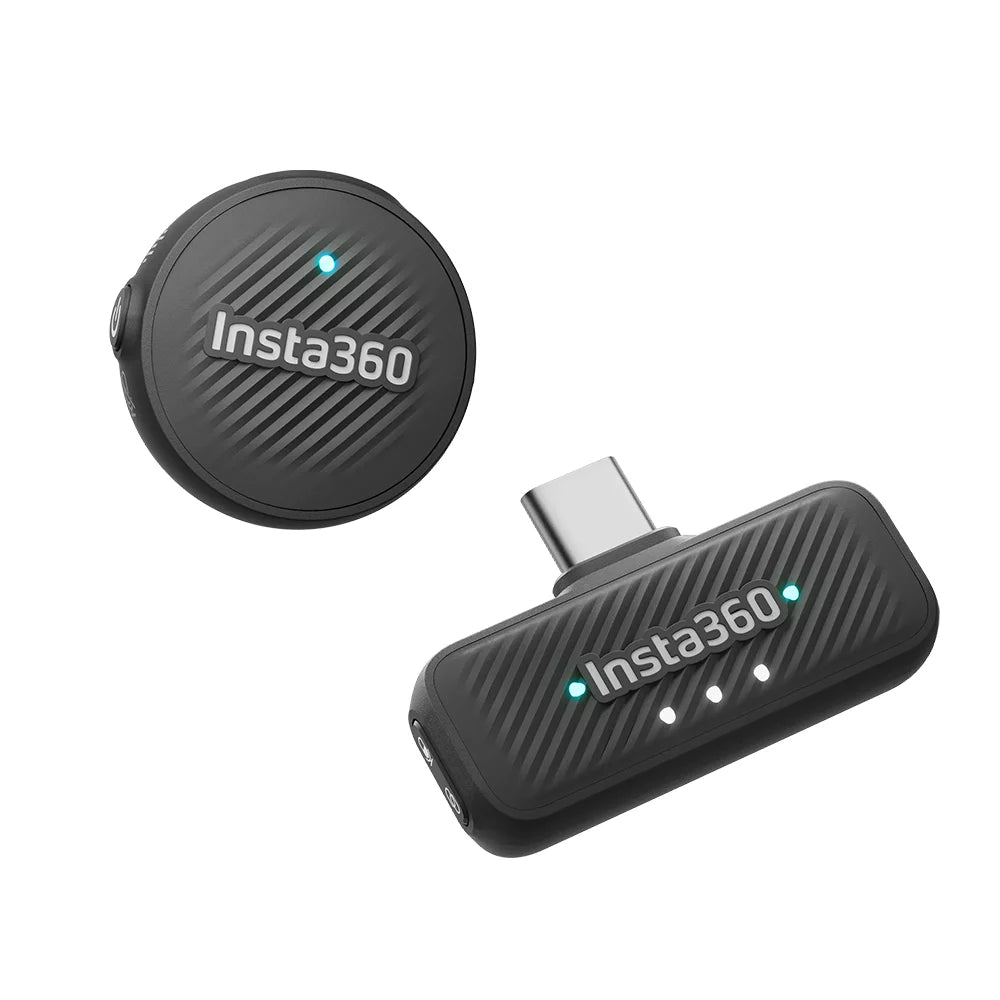 Insta360 Mic Air wireless microphone system with 7.9g ultra-light transmitter, 48kHz high-quality audio, 10-hour battery life, 300m wireless range, and built-in noise reduction for clear sound capture.