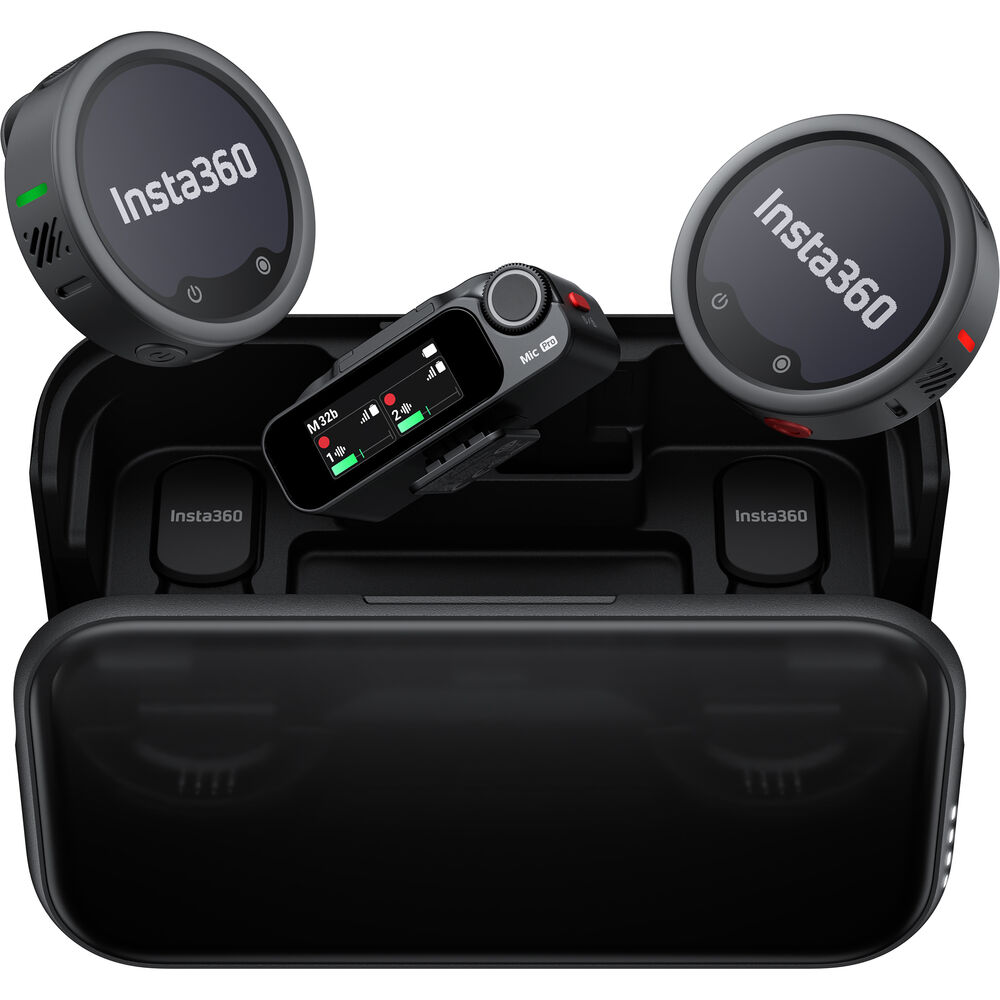 Insta360 Mic Pro lapel mics inside charging case - from above