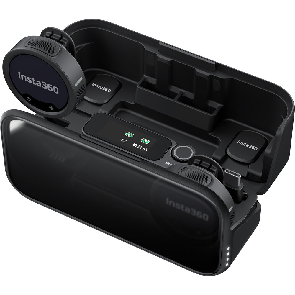 Insta360 Mic Pro lapel mics inside charging case - from above