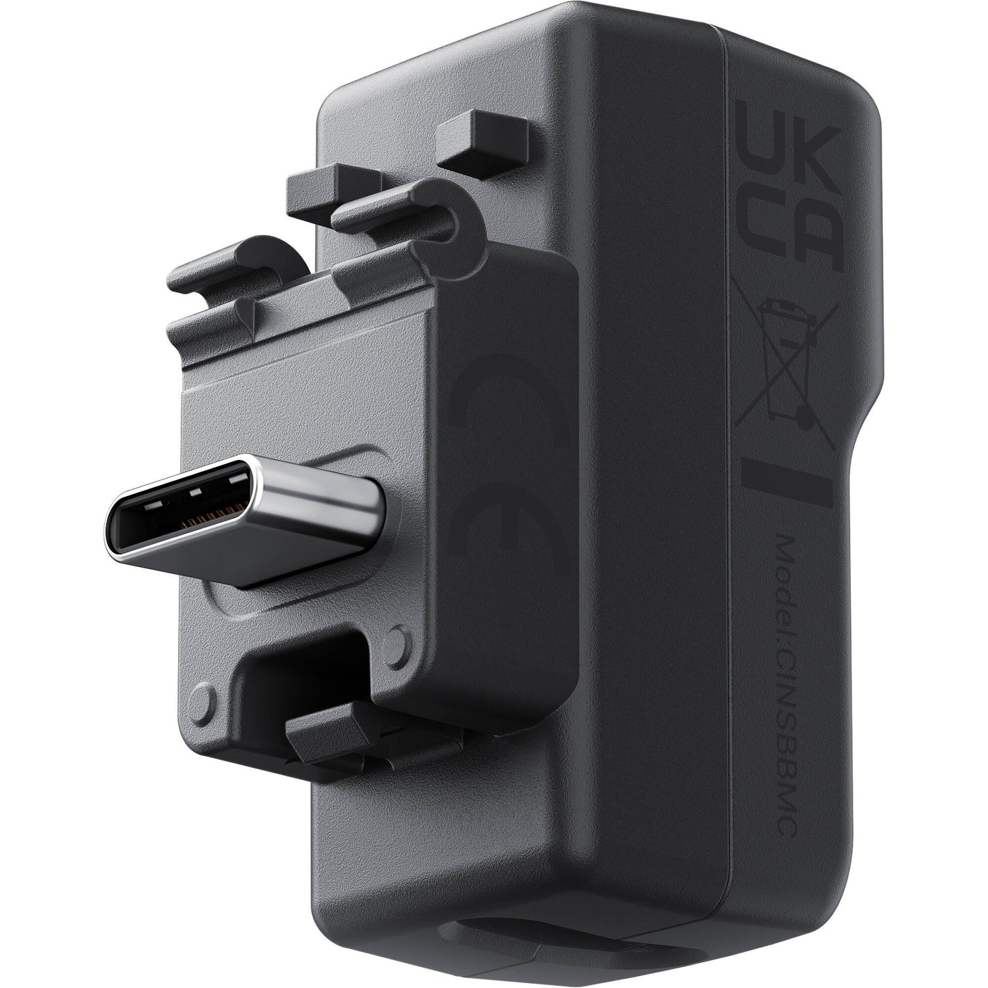 Black USB-C adapter on a white background