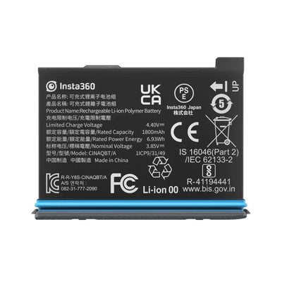 Rechargeable lithium-ion battery for Insta360 X3 with 1800mAh capacity, 3.85V output, providing up to 81 minutes of recording time and 90-minute recharge time.