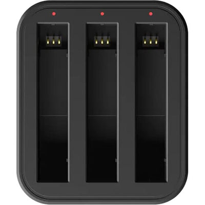Insta360 X3 Fast Charge Hub with USB-C port, charges up to three 1800mAh batteries simultaneously in approximately 90 minutes, featuring LED status indicators and overcharge protection.