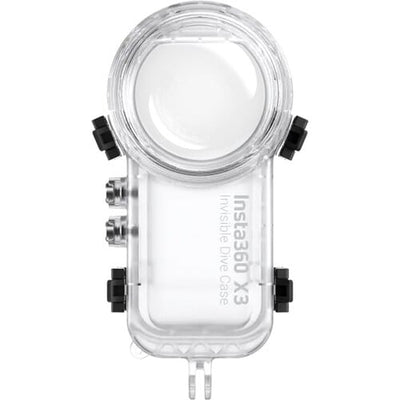 Insta360 X3 Invisible Dive Case waterproof to 50m (IPX8), with seamless 360° video capture, water refraction compensation, 2-prong mount, button access, and included anti-fog inserts.