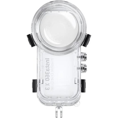 Insta360 X3 Invisible Dive Case waterproof to 50m (IPX8), with seamless 360° video capture, water refraction compensation, 2-prong mount, button access, and included anti-fog inserts.