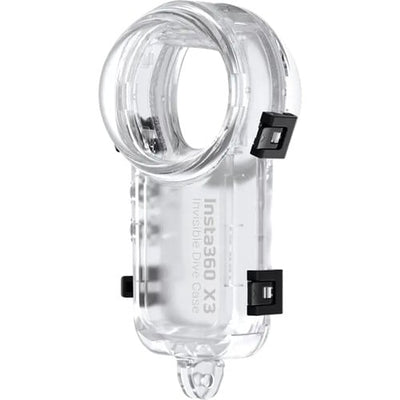 Insta360 X3 Invisible Dive Case waterproof to 50m (IPX8), with seamless 360° video capture, water refraction compensation, 2-prong mount, button access, and included anti-fog inserts.