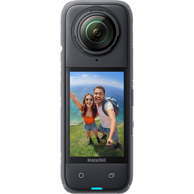 Insta360 X4 360° action camera in black with touchscreen display, bundled with motorcycle mounting accessories including heavy‑duty clamp, flexible adhesive mounts, invisible selfie stick, lens guards, thumb screws, and a 128 GB microSD card.