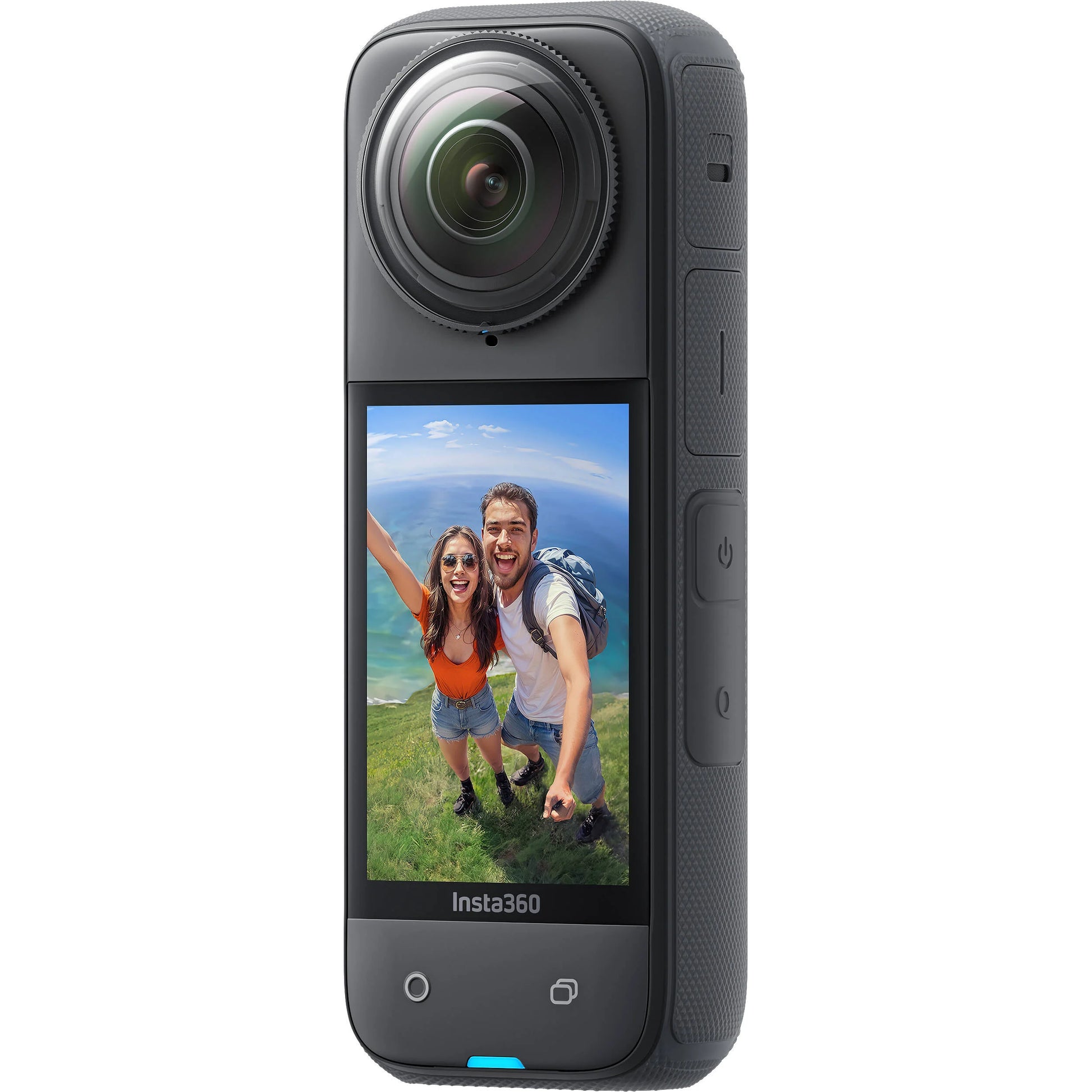 360-degree camera with a screen displaying two people on a mountain, branded 'insta360'.