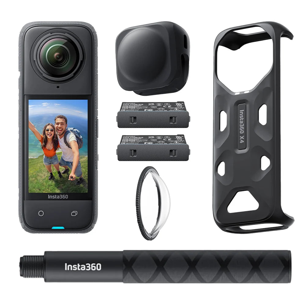 Insta360 camera and accessories on a white background