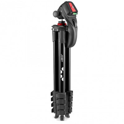 Black tripod with a swivel head on a white background