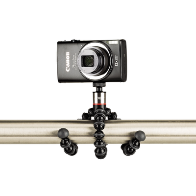 Small camera mounted on a flexible tripod with a white background