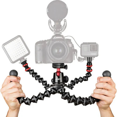 Joby GorillaPod Rig — flexible-legged tripod rig with two articulated accessory arms, cold‑shoe and GoPro mounts.