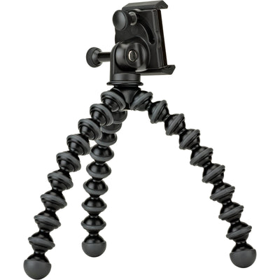 Joby GripTight GorillaPod Stand Pro with premium ABS, TPE, and stainless steel build, securely fits smartphones 5.59 to 9.09 cm wide with or without cases, offers 90° rotation and 150° tilt, and includes flexible tripod legs for stable positioning.